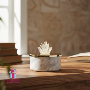 Marble Decorative Box – Metal Lid with Crystal Detail - Image 1