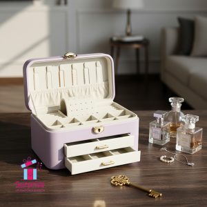 Leather Accessory Organizer Single-Layer with Lock & Two Drawers - Image 1