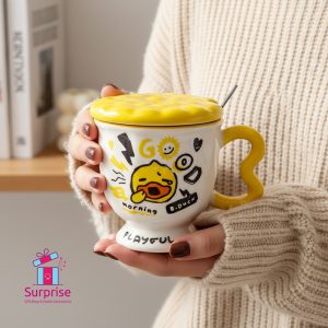 Porcelain Mug with Lid and Metal Spoon - Image 1