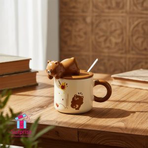 Porcelain Mug with Lid and Metal Spoon - Image 1