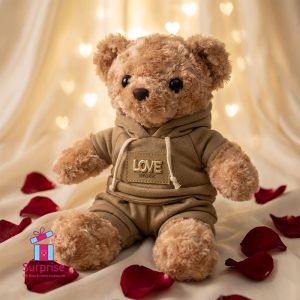 ⁦دبدوب فرو مرتدي هودي وشورت أنيق 33 سم⁩ - الصورة ⁦1⁩