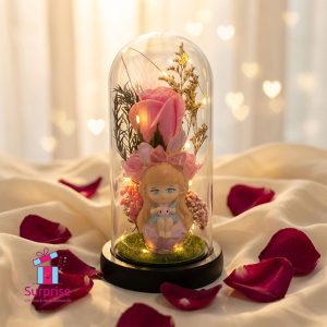 Lighted Glass Crystal Featuring an Artificial Flower & Cute Girl Figurine - Image 1