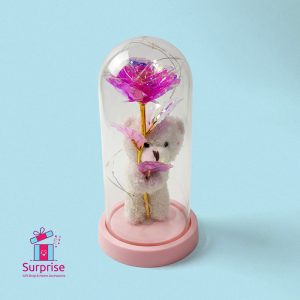 Lighted Glass Crystal Featuring an Artificial Flower & Teddy Bear Figurine - Image 2