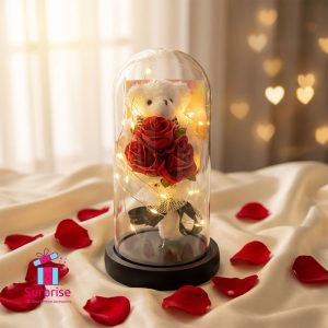 Lighted Glass Crystal Featuring an Artificial Flower & Teddy Bear Figurine - Image 1