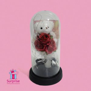 Lighted Glass Crystal Featuring an Artificial Flower & Teddy Bear Figurine - Image 2