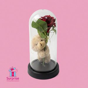 Lighted Glass Crystal Featuring an Artificial Flower & Teddy Bear Figurine - Image 2