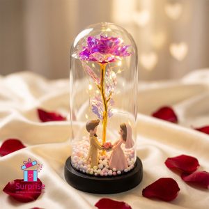 Lighted Glass Crystal Featuring an Artificial Flower & Cute Couple Figurine - Image 1
