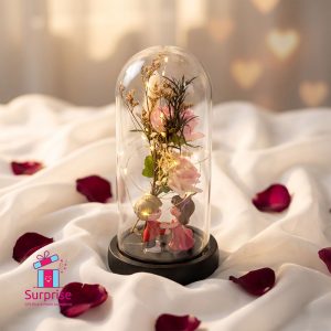 Lighted Glass Crystal Featuring an Artificial Flower & Cute Couple Figurine - Image 1