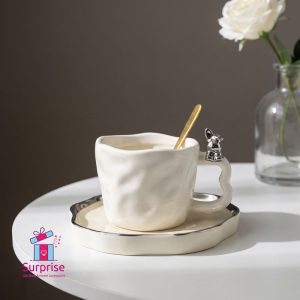 Stylish Porcelain Mug with Matching Plate & Metal Spone 300 ML - Image 1