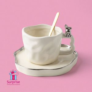 Stylish Porcelain Mug with Matching Plate & Metal Spone 300 ML - Image 2