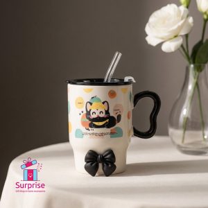 Cute Porcelain Cat Mug Featuring a Functional Lid & Straw 400 ML - Image 1