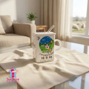 Porcelain Cow Milk carton Shape Mug With Lid & Glass Straw 350 ml - Image 1