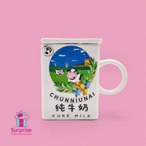 Porcelain Cow Milk carton Shape Mug With Lid & Glass Straw 350 ml - Image 2