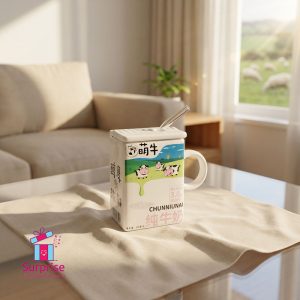 Porcelain Cow Milk carton Shape Mug With Lid & Glass Straw 350 ml - Image 1