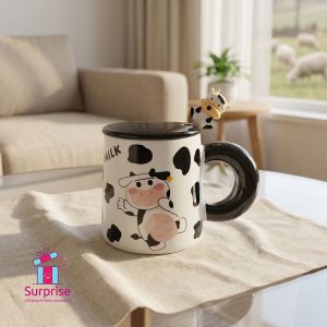 Cow Eid Porcelain Mug With Lid, Metal Spoon & Rubber Head 350 ml - Image 1