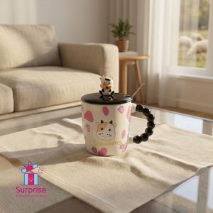Cow Eid Porcelain Mug With Lid, Metal Spoon & Rubber Head 350 ml - Image 1