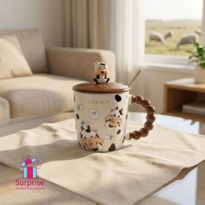 Cow Eid Porcelain Mug With Lid, Metal Spoon & Rubber Head 350 ml - Image 1