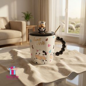 Cow Eid Porcelain Mug With Lid, Metal Spoon & Rubber Head 350 ml - Image 1