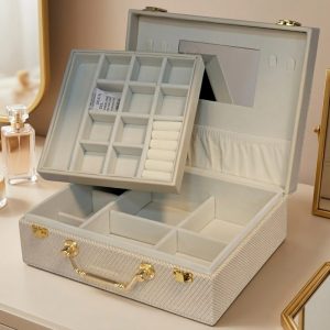 Luxury Woven-Texture Double-Layer Jewelry Organizer Box - Image 1