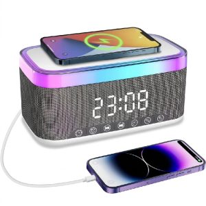 Bluetooth Speaker Alarm Clock with Colorful Night Light & Wireless Charger - Image 2